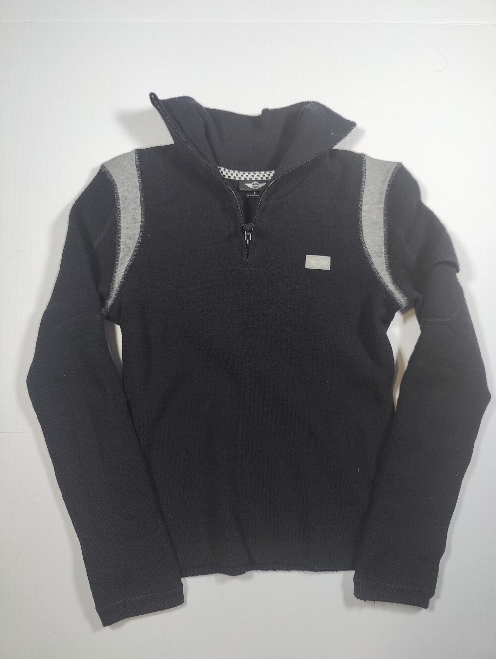 Vintage Mini Cooper Women Black Wool Quarter Zip Sweater Size S Thumbhole Cuff